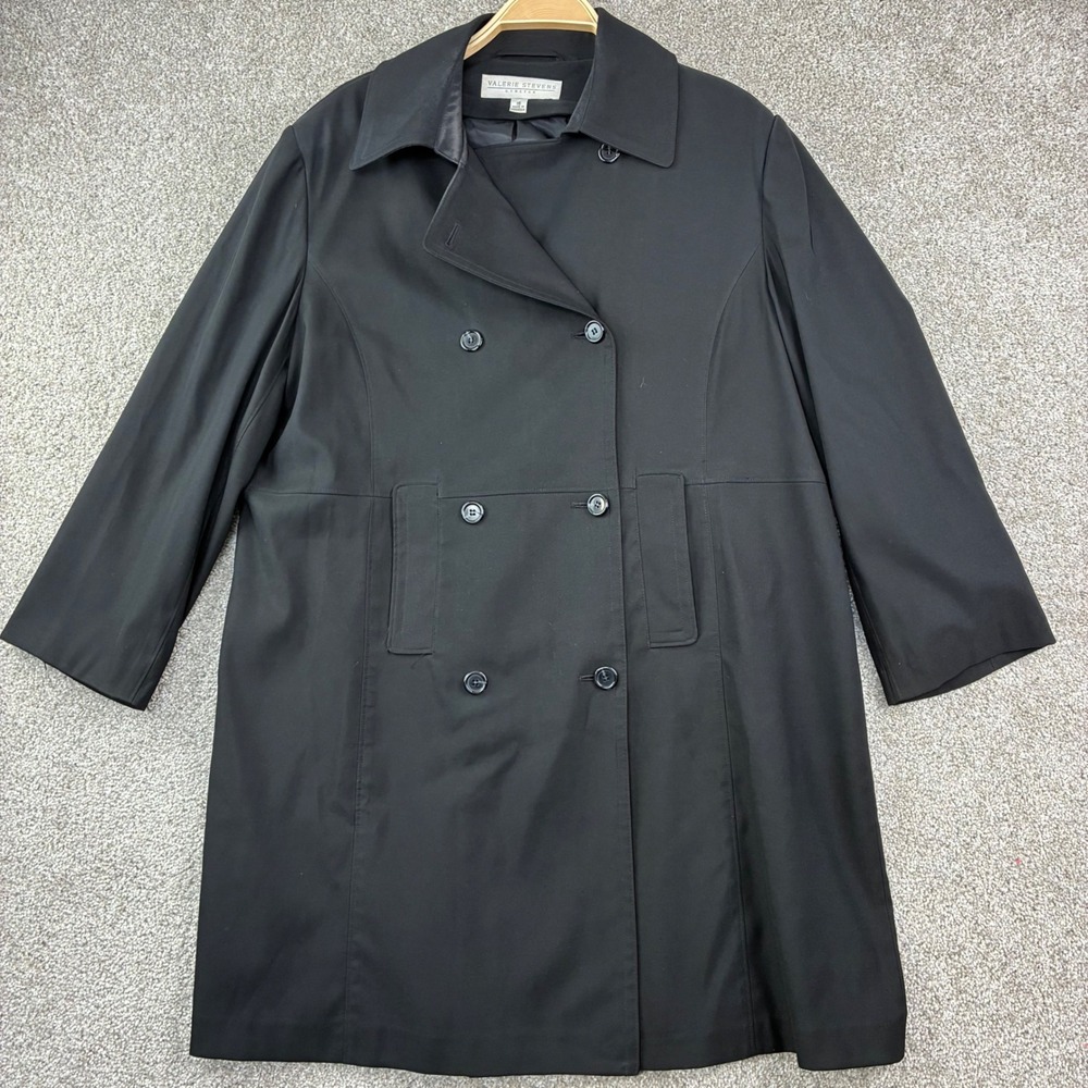 Valerie Stevens Trench Coat Size 16 Black Double Breasted Stretch Career Classic